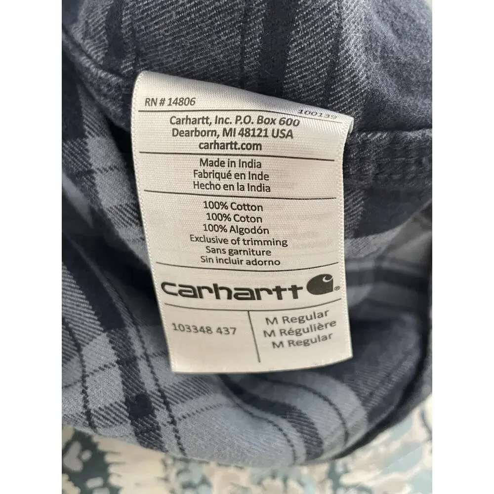 Carhartt Mens Medium Original Fit Blue Plaid Flannel Shirt 100% Cotton